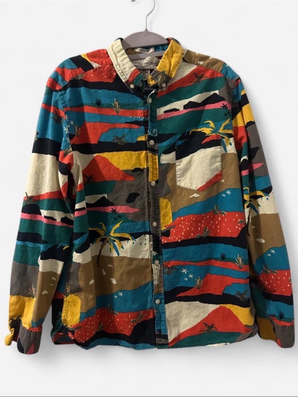 H&M Multicolor Scenic Print Jean Jacket with Teal, Mustard & Red Accents
